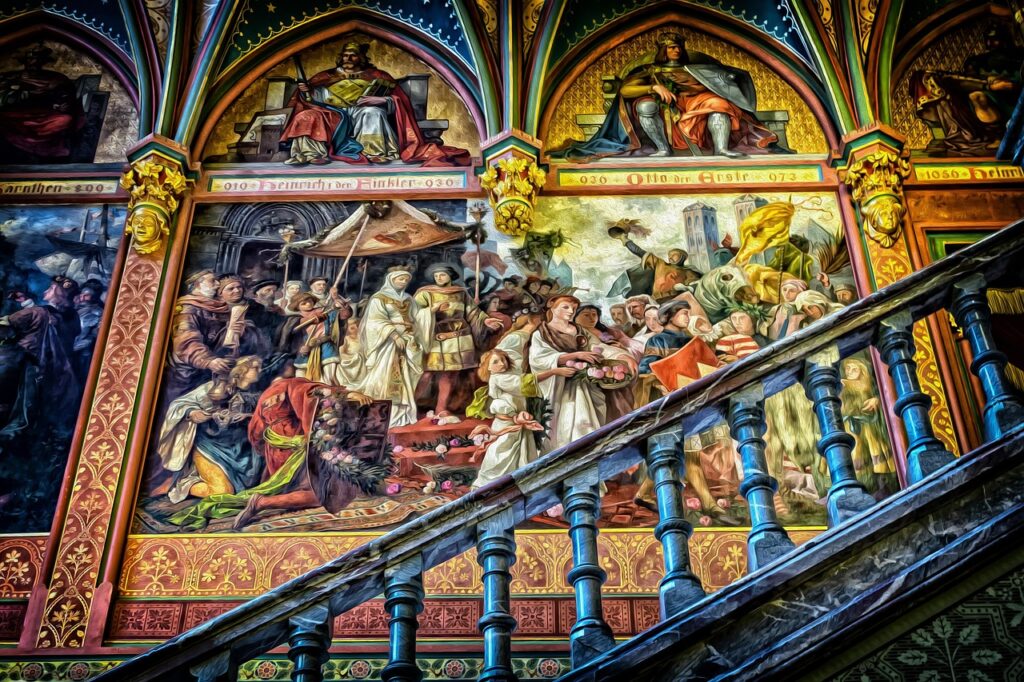 gallery, art, mural, baroque, ancestral gallery, painting, stairs, wall painting, layout, picture, to dye, multicoloured, historical, old, painted, wall, antique, coloured, painted wall, scene, railing, columns, shine, gloria, ancestors, episode, art, art, painting, painting, painting, painting, painting