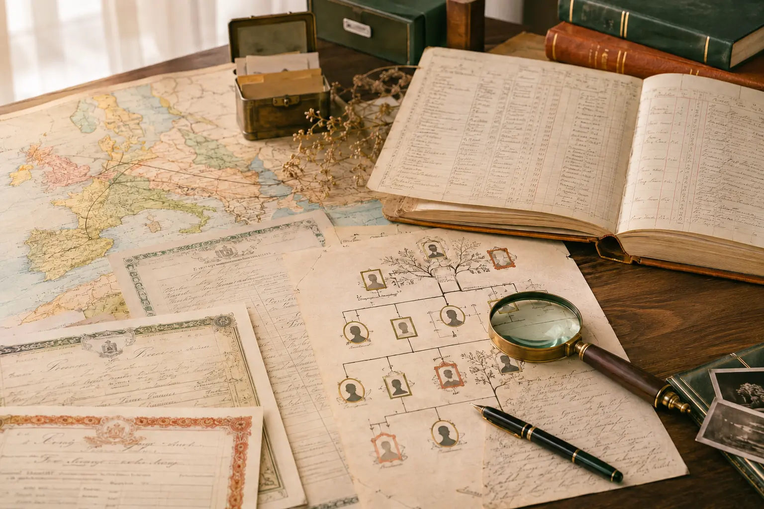 Mesa de pesquisa com registros históricos, mapa europeu e árvore genealógica