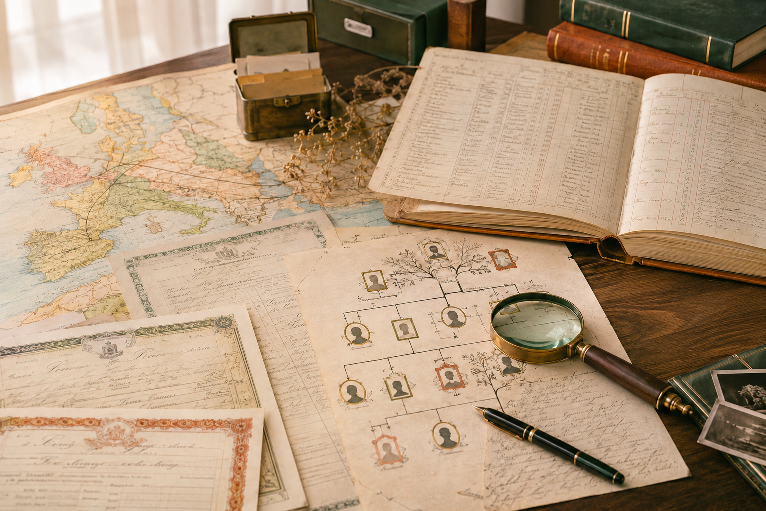 Mesa de pesquisa com registros históricos, mapa europeu e árvore genealógica